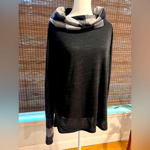 Sweater size M.  Black/white plaid cowl neck/cuffs. Light. Great condition.